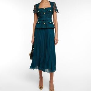 Self-Portrait Teal Pleated Midi Skirt